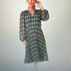 Green Plaid Pleated Midi Dress by Ann Taylor